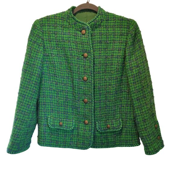 Vintage Women's Green Tweed Plaid Blazer Jacket Brass Buttons Collarless - Picture 2 of 9